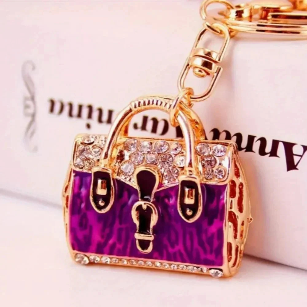 Colorful Crystal Purse Charm Purple Goldtoned Fashion Keychain
